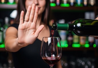 Woman hand stopping alcohol pour, symbolizing refusal and sobriety