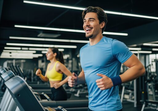 Smiling man running on treadmill, exercising in gym for fitness - Powered by Adobe