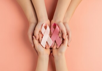 Adult and child hands holding pink ribbons symbolizing breast cancer awareness and support