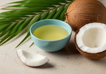 Tropical coconuts and coconut oil in blue bowl with green palm leaf