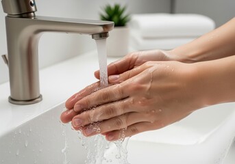 Close up of hands rinsing under a stream of water from a brushed nickel faucet