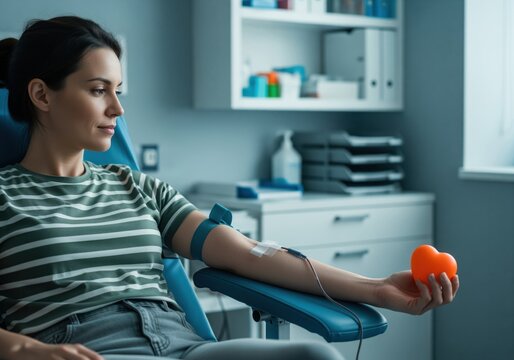 Woman donating blood, holding heart, promoting health and life saving
