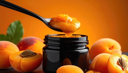 Apricot jam oozes from a black spoon over a jar amidst fresh apricots against an orange backdrop