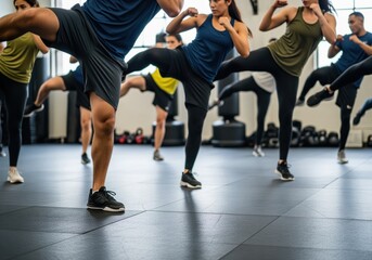 Naklejka premium Diverse group engaged in dynamic kickboxing fitness class workout