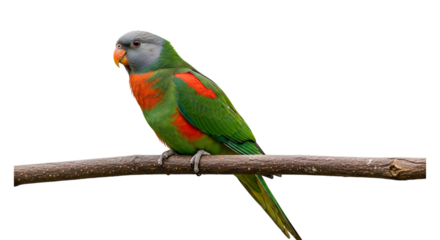 Green parrot, with grey head and orange chest perched on a branch, cutout, PNG isolated on white or transparent background
