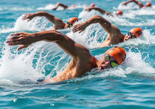 Energetic open water swimming race with multiple athletes competing