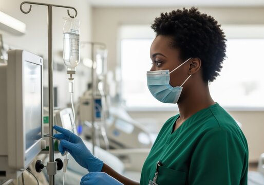 Professional black nurse in mask adjusting IV drip in modern hospital ward