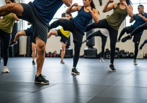 Diverse group engaged in dynamic kickboxing fitness class workout
