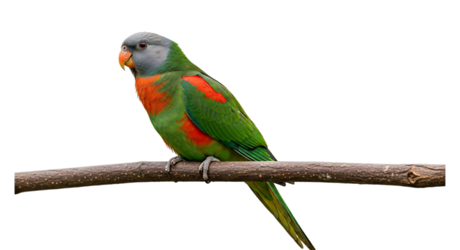 Green parrot, with grey head and orange chest perched on a branch, cutout, PNG isolated on white or transparent background