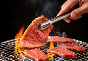 Hand flipping marbled beef on hot yakiniku grill with flames and smoke