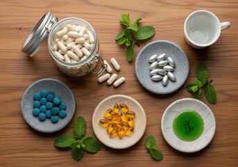 Diverse vitamin supplements, capsules, and fresh mint leaves on wood