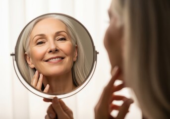 Happy elegant mature woman admiring her reflection in a round mirror