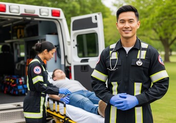 Genial male EMT in uniform with stethoscope smiling confidently at camera