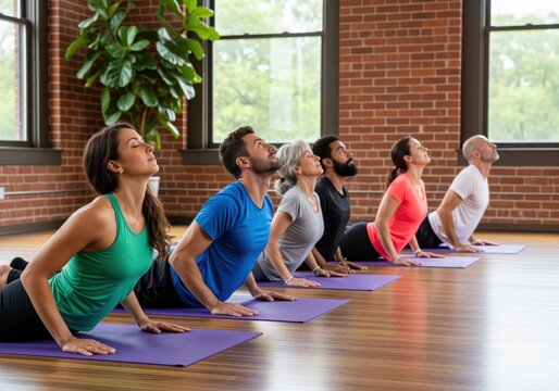 Diverse group of adults performing cobra pose during a yoga class - Powered by Adobe