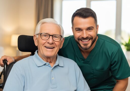 Smiling senior man in wheelchair with male caregiver providing support