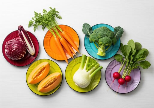Vibrant assortment of fresh vegetables and fruit on colorful plates