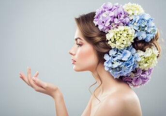 Beautiful young woman profile with vibrant hydrangea flowers and outstretched hand