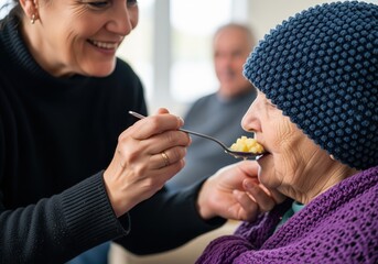 Smiling caregiver gently feeding an older woman, demonstrating compassionate care