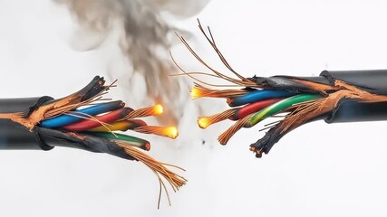 A compelling close-up shot vividly captures two severed electrical cables with their colorful inner insulation and gleaming copper wires exposed against a stark white background. Bright sparks emanate