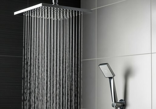 Modern rainfall shower head spraying water in a contemporary bathroom with handheld shower