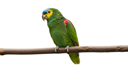 Green Amazon Parrot, with Blue Head and Yellow Face perched on a Branch, cutout, PNG isolated on white or transparent background