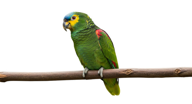 Green Amazon Parrot, with Blue Head and Yellow Face perched on a Branch, cutout, PNG isolated on white or transparent background