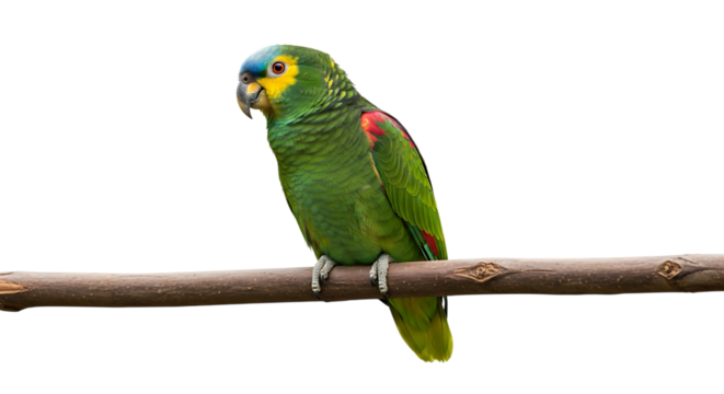 Green Amazon Parrot, with Blue Head and Yellow Face perched on a Branch, cutout, PNG isolated on white or transparent background