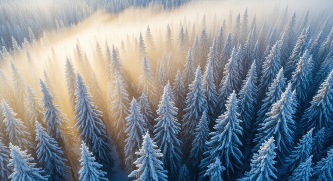 Aerial view of snowy pine forest bathed in golden sunlight and morning mist - Powered by Adobe