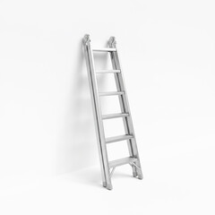 Brand-new, metallic silver extension ladder, folded and leaning against an infinite white wall. High detail, sharp focus. Created using generative AI tools