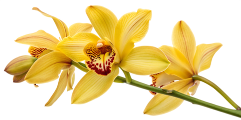 Orchid flowers, vibrant yellow with intricate red markings, cutout, PNG isolated on white or transparent background
