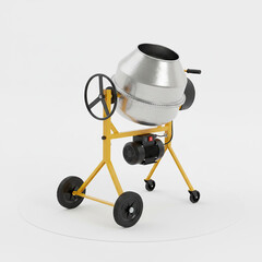 Compact electric concrete mixer (cement mixer) with a steel drum, captured in a clean product shot on a white cyclorama. Created using generative AI tools