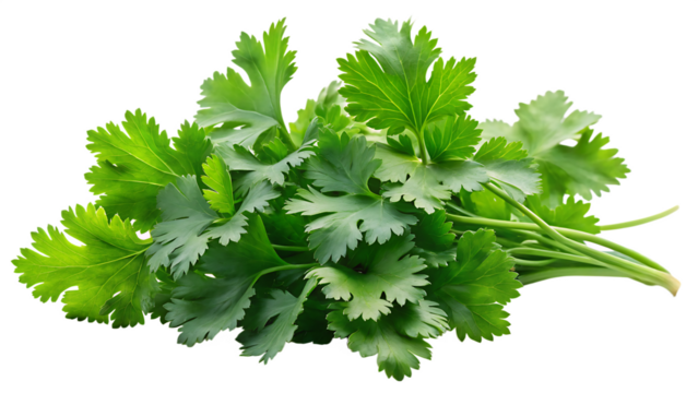 Cilantro leaves, fresh green bunch with delicate serrated edges and thin stems, cutout, PNG isolated on white or transparent background