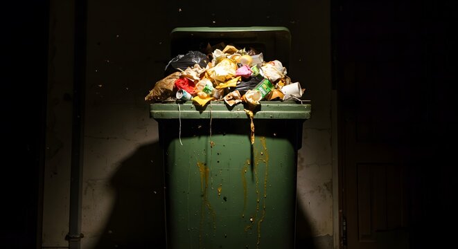 Overflowing Green Garbage Bin Full of Rotting Waste and Dripping Liquid