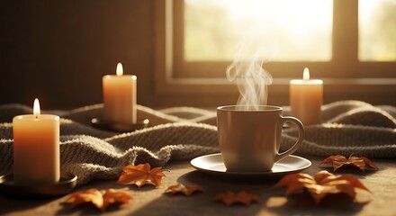 cozy vibe Autumn Coffee with product display podium.