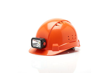 High-visibility orange construction safety helmet with an integrated headlamp, sitting on a bright white surface. Created using generative AI tools