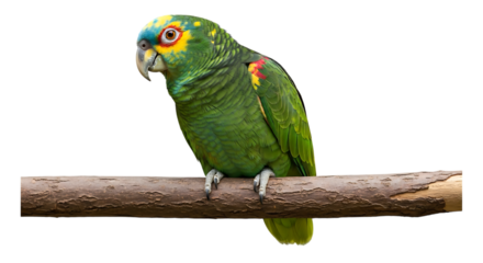 Green Amazon Parrot, with Yellow and Blue Head Markings perched on a Branch, cutout, PNG isolated on white or transparent background