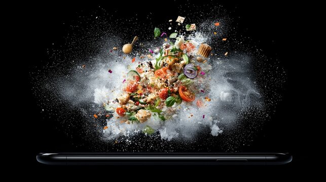 A dynamic explosion of salad ingredients, including tomatoes, cucumbers, and herbs, erupting from a white powder cloud above a sleek black smartphone. The dark