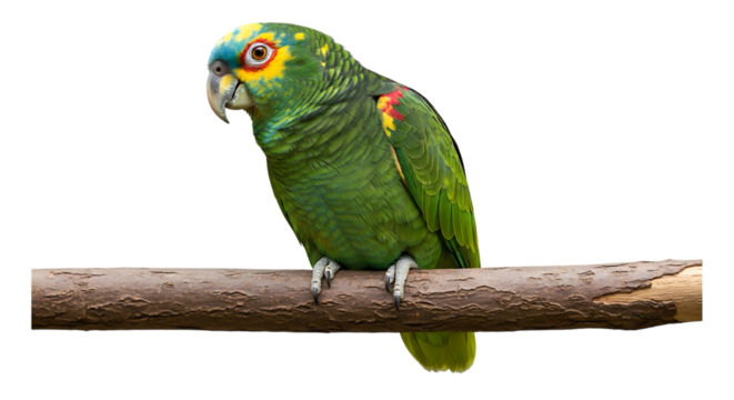 Green Amazon Parrot, with Yellow and Blue Head Markings perched on a Branch, cutout, PNG isolated on white or transparent background - Powered by Adobe
