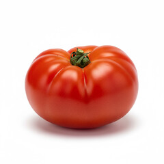 Perfectly formed bright red heirloom tomato (Beefsteak), slightly irregular shape, isolated, soft shadow, clean and sharp focus, white background. Created using generative AI tools