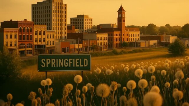 A cityscape of Springfield in the warm light of sunset, featuring a green city sign in the foreground and a field of dandelions leading up to classic small-town buildings and a prominent clock tower. 
