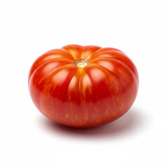 Perfectly formed bright red heirloom tomato (Beefsteak), slightly irregular shape, isolated, soft shadow, clean and sharp focus, white background. Created using generative AI tools