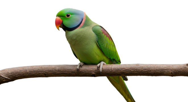Bright green parrot, with blue head and red beak perched on a branch, cutout, PNG isolated on white or transparent background