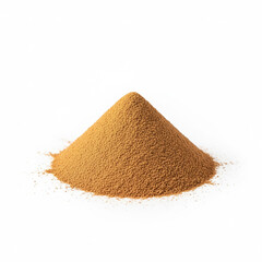 Perfectly formed, light brown conical pile of ground cinnamon. Clean, minimalist studio shot, soft, even lighting, subtle textural detail. On a seamless white backgr. Created using generative AI tools