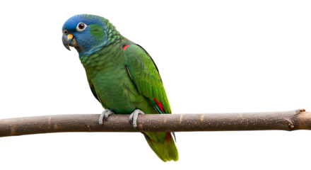 Blue-headed Amazon parrot, with green and red feathers perched on a branch, cutout, PNG isolated on white or transparent background