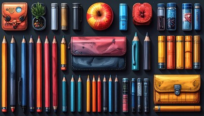 Tidy flatlay of colorful pencils, containers, and apple on dark surface, neatly organized
