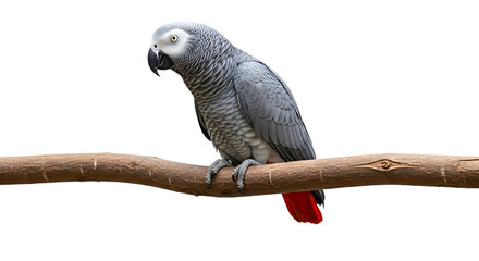 Fototapeta premium African Grey Parrot, with Bright Red Tail Feathers perched on a Branch, cutout, PNG isolated on white or transparent background