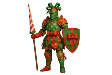 Christmas knight wearing festive armor with gift ribbon details and candy cane spear, holiday fantasy character