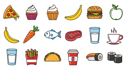 Colorful collection of food and drink line icons representing a variety of meal and nutrition concepts