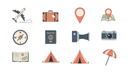 A colorful icon set of travel and tourism elements for summer vacation and adventure planning