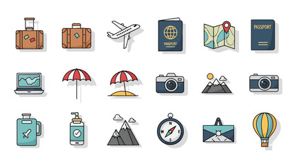 Travel and Adventure Colorful Icon Set for Tourism and Exploration